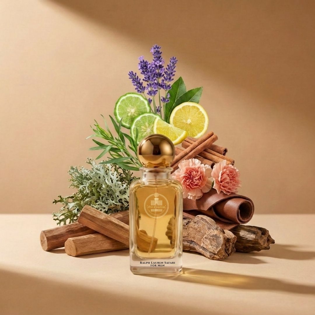 Haus Of Jawhar Ralph Lauren Safari perfume bottle with lavender, cinnamon, leather and sandalwood fragrance notes.