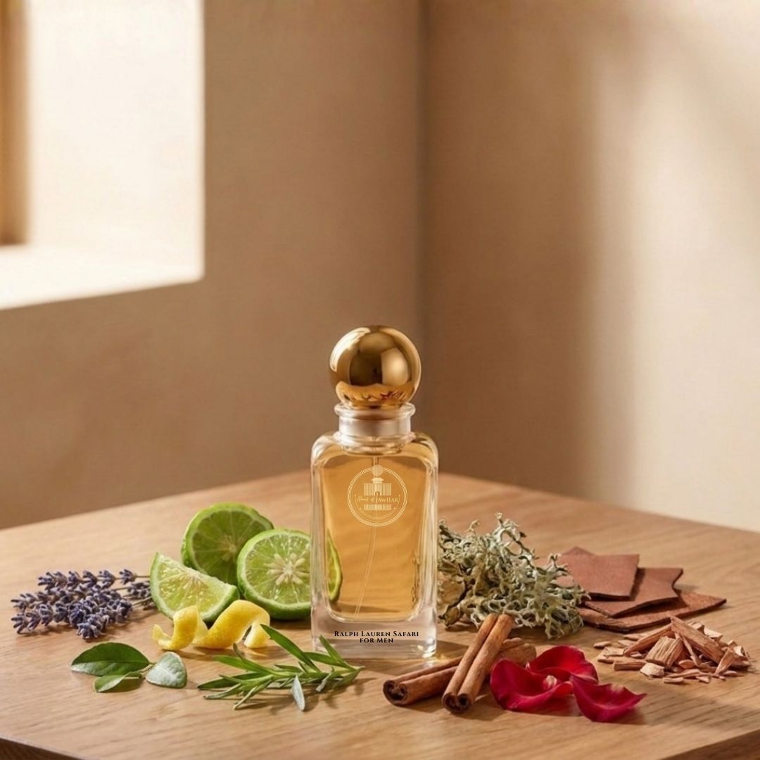 Haus Of Jawhar Ralph Lauren Safari perfume bottle with lavender, cinnamon, leather and sandalwood fragrance notes.