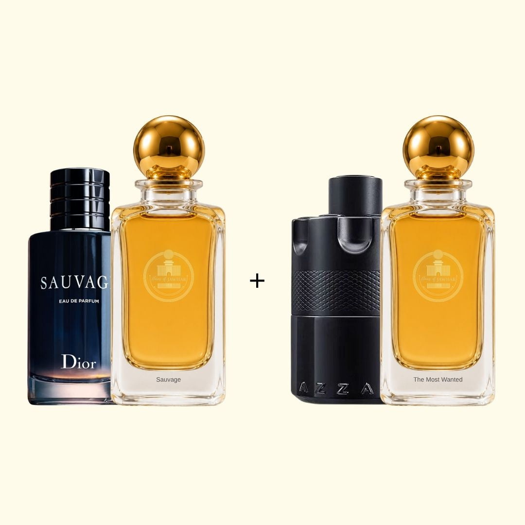 Haus Of Jawhar Sauvage and The Most Wanted perfume bottles with fragrance references.