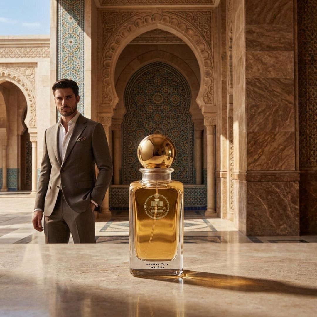 Haus Of Jawhar Sod Fakhama Oud perfume bottle in a luxury lifestyle setting.