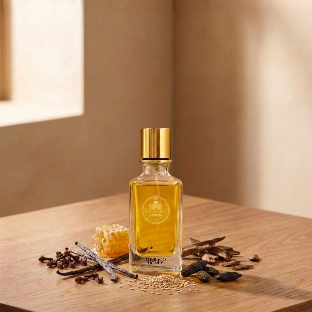 Tobacco Honey by Haus Of Jawhar with honeycomb, vanilla, clove, sesame, cardamom and oud notes.