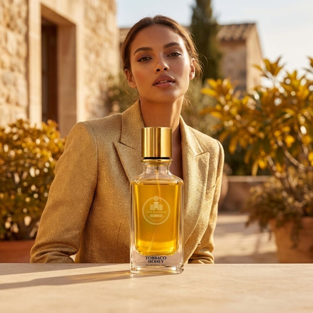 Tobacco Honey by Haus Of Jawhar lifestyle in a warm luxury outdoor setting.