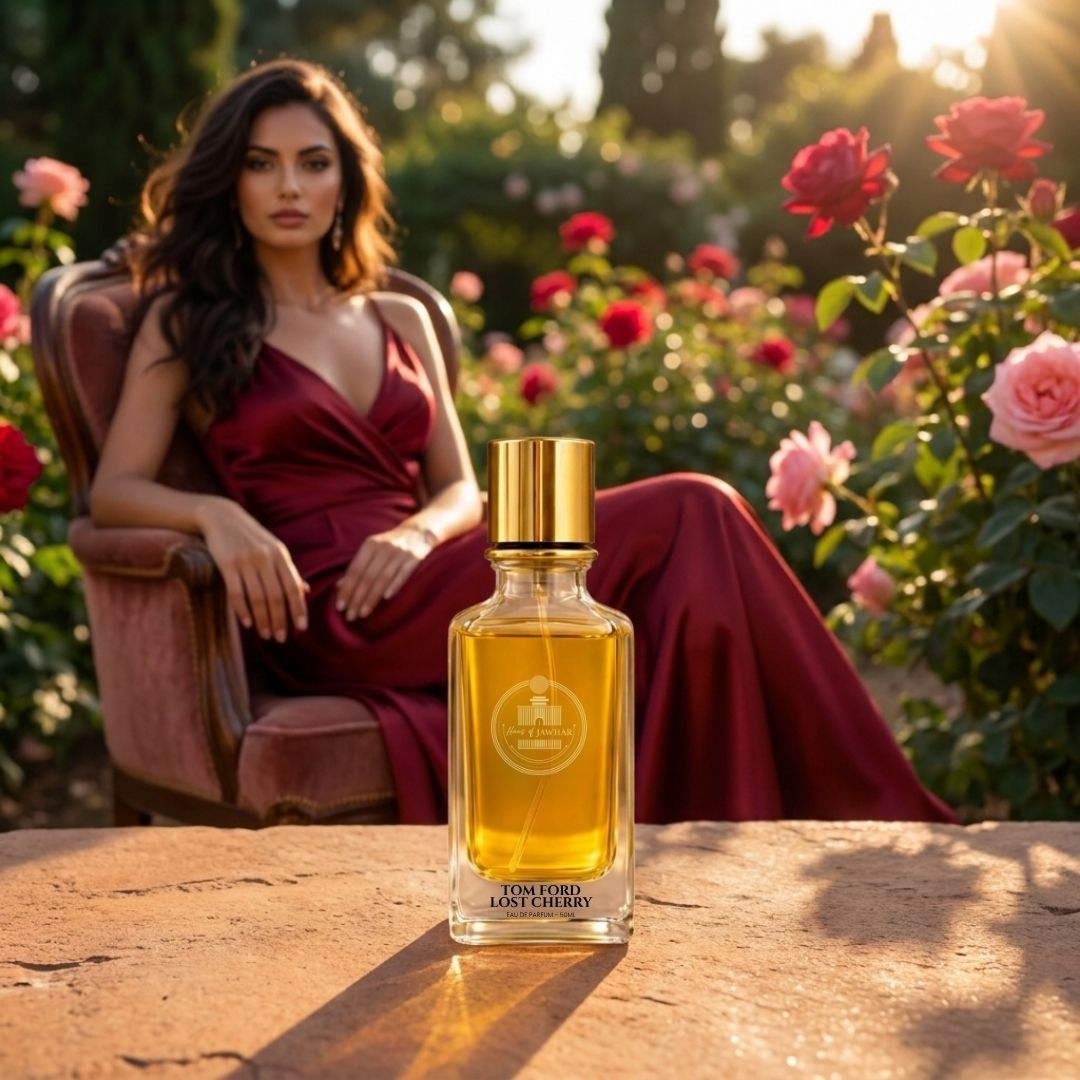 Haus Of Jawhar Tom Ford Lost Cherry perfume bottle in a luxury lifestyle setting.