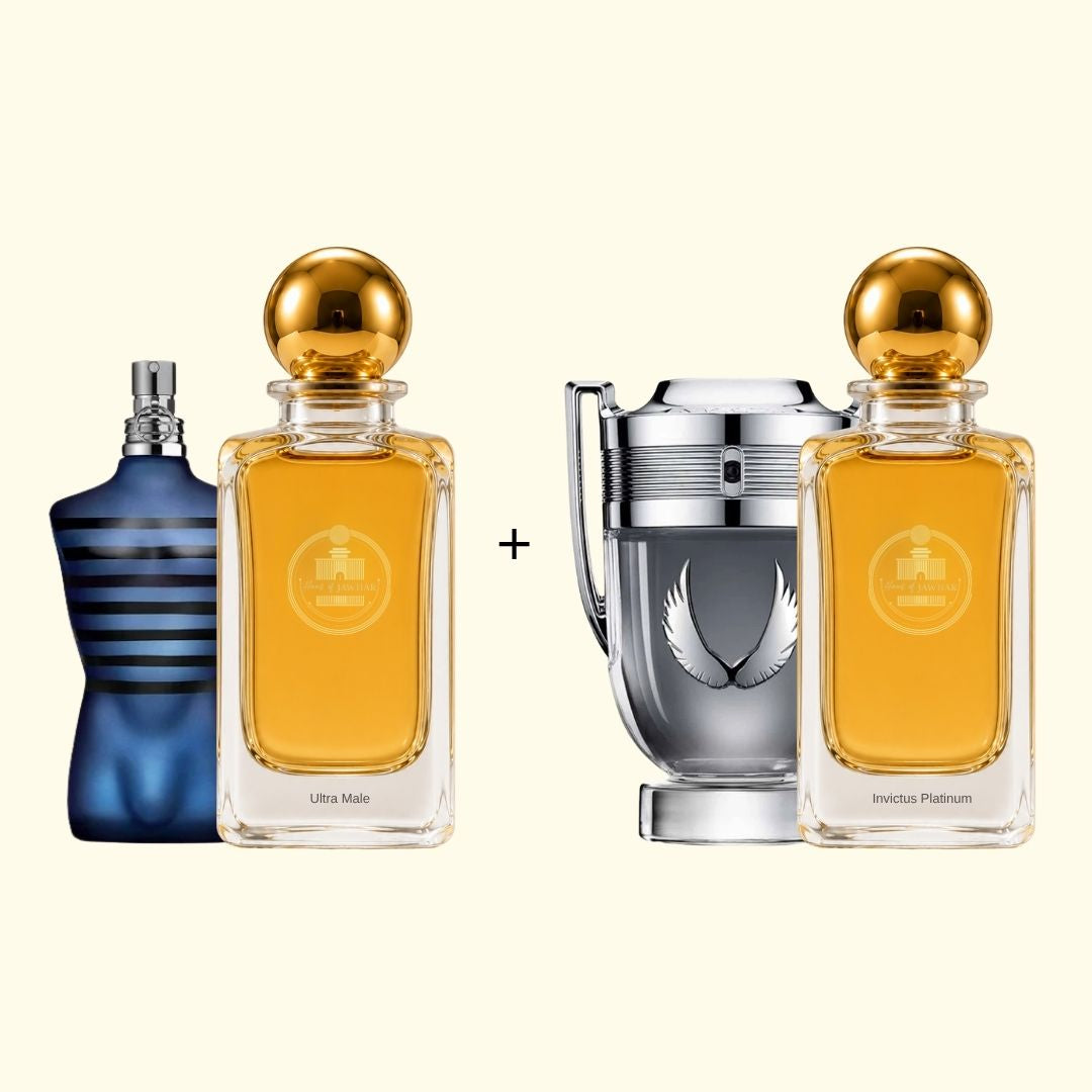 Haus Of Jawhar Ultra Male and Invictus Platinum perfume bottles with fragrance references.