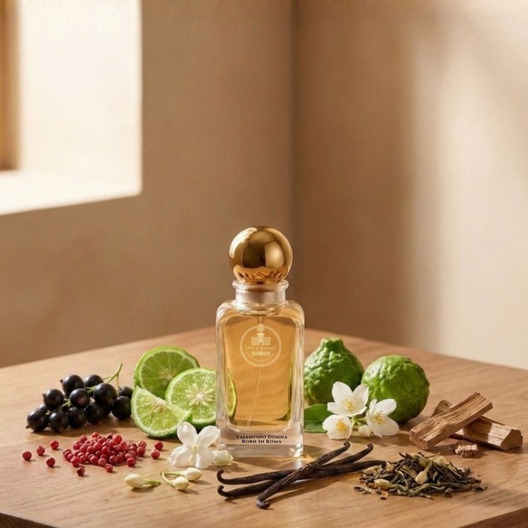 Haus Of Jawhar Valentino Donna Born in Roma perfume bottle with jasmine, blackcurrant, bourbon vanilla and woody fragrance notes.