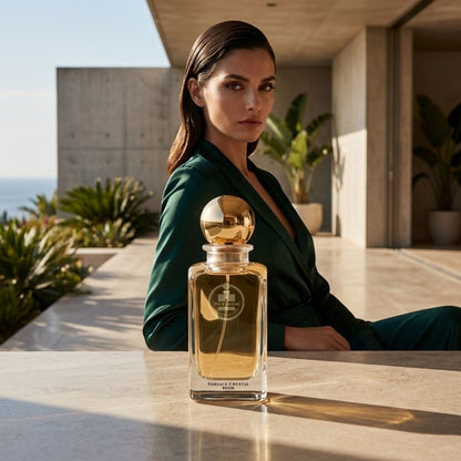 Haus Of Jawhar Versace Crystal Noir perfume bottle in a luxury lifestyle setting.