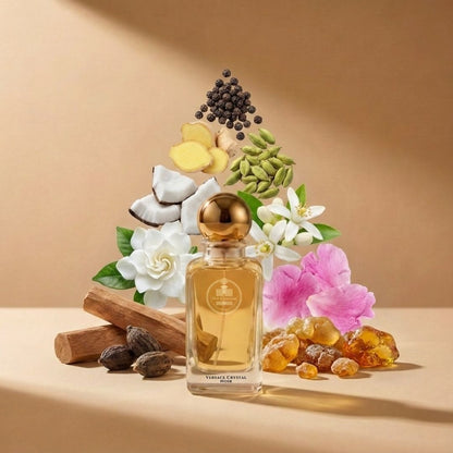 Haus Of Jawhar Versace Crystal Noir perfume bottle with gardenia, coconut, sandalwood and amber fragrance notes.