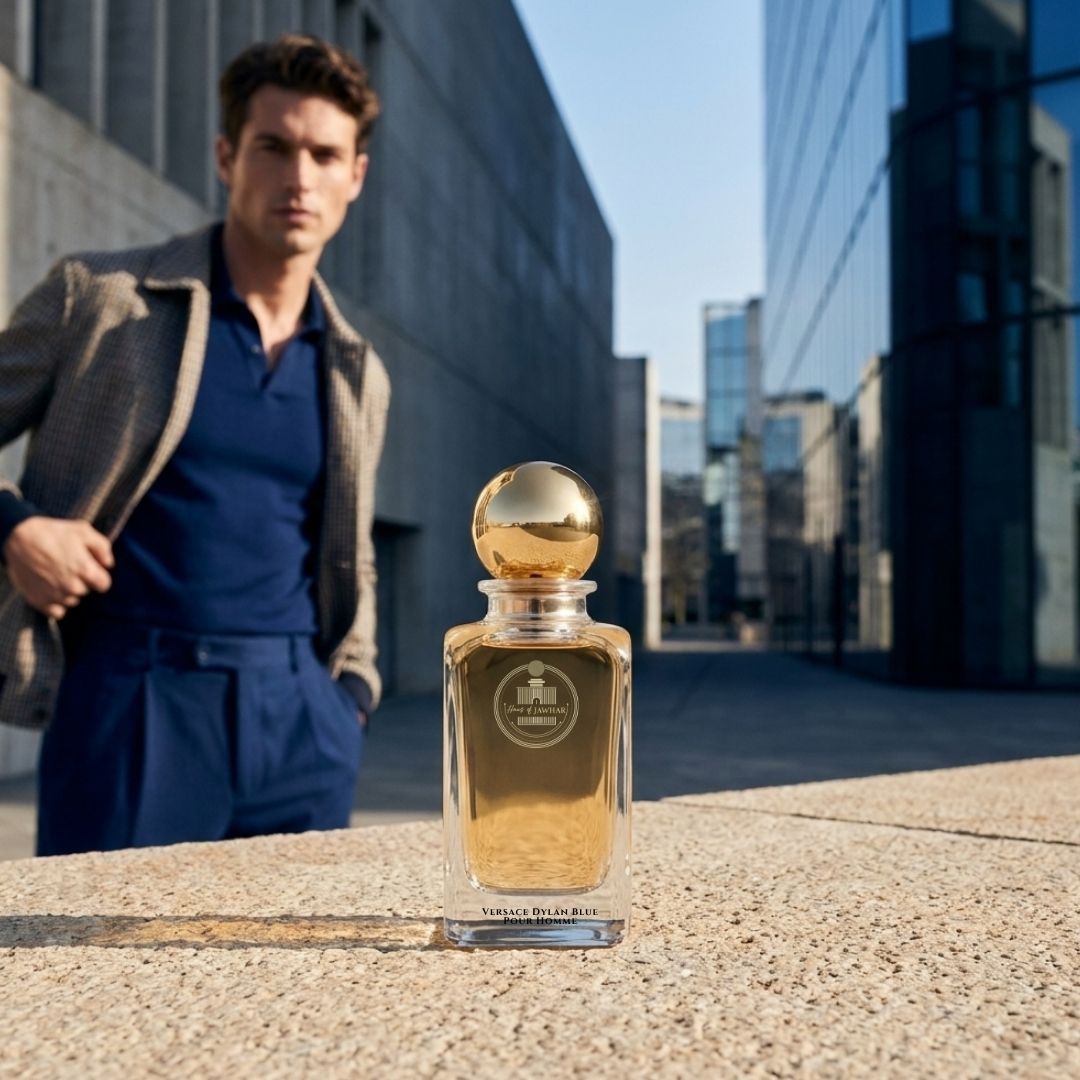 Haus Of Jawhar Versace Dylan Blue Pour Homme perfume bottle in a luxury lifestyle setting.