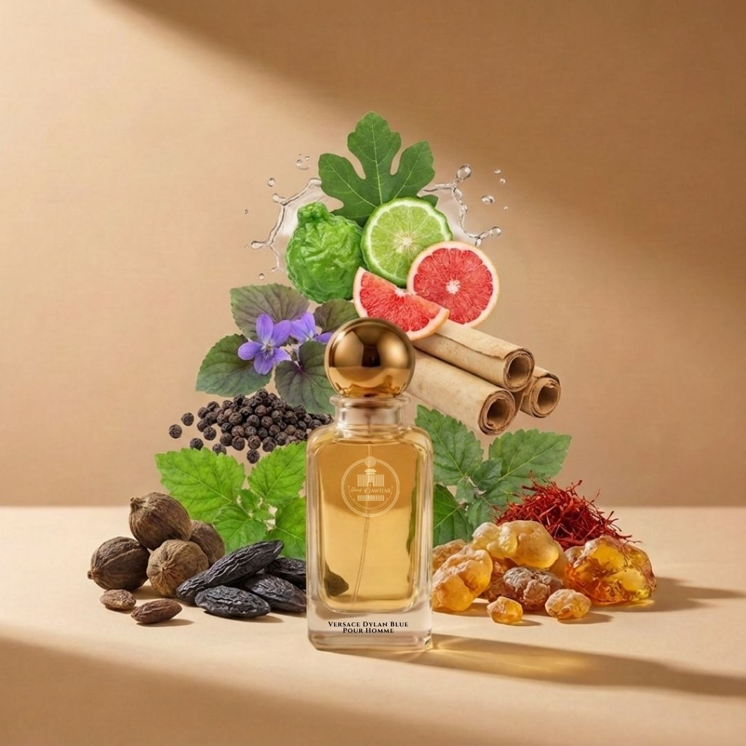 Haus Of Jawhar Versace Dylan Blue Pour Homme perfume bottle with bergamot, grapefruit, incense and musk fragrance notes.