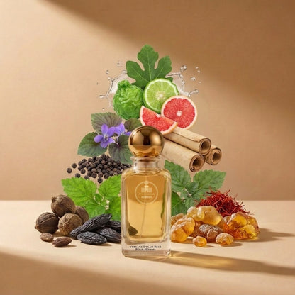 Haus Of Jawhar Versace Dylan Blue Pour Homme perfume bottle with bergamot, grapefruit, incense and musk fragrance notes.