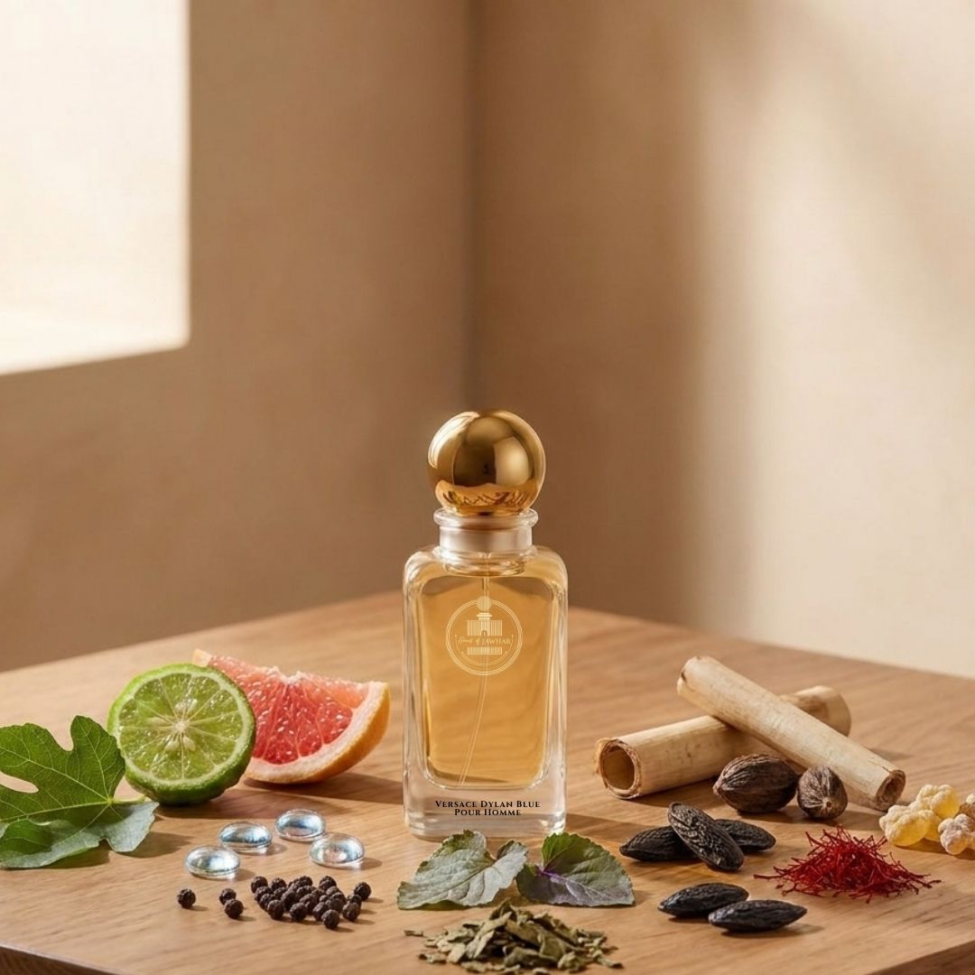 Haus Of Jawhar Versace Dylan Blue Pour Homme perfume bottle with bergamot, grapefruit, incense and musk fragrance notes.