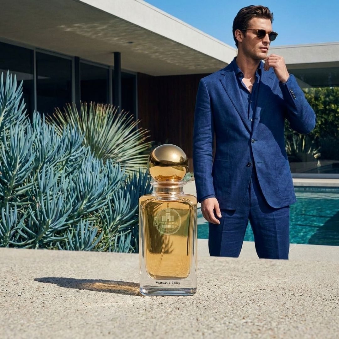 Haus Of Jawhar Versace Eros perfume bottle in a luxury lifestyle setting.