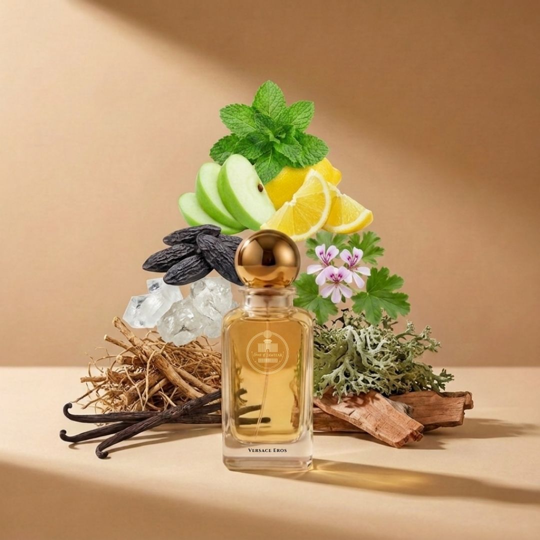 Haus Of Jawhar Versace Eros perfume bottle with mint, green apple, tonka bean and vanilla fragrance notes.
