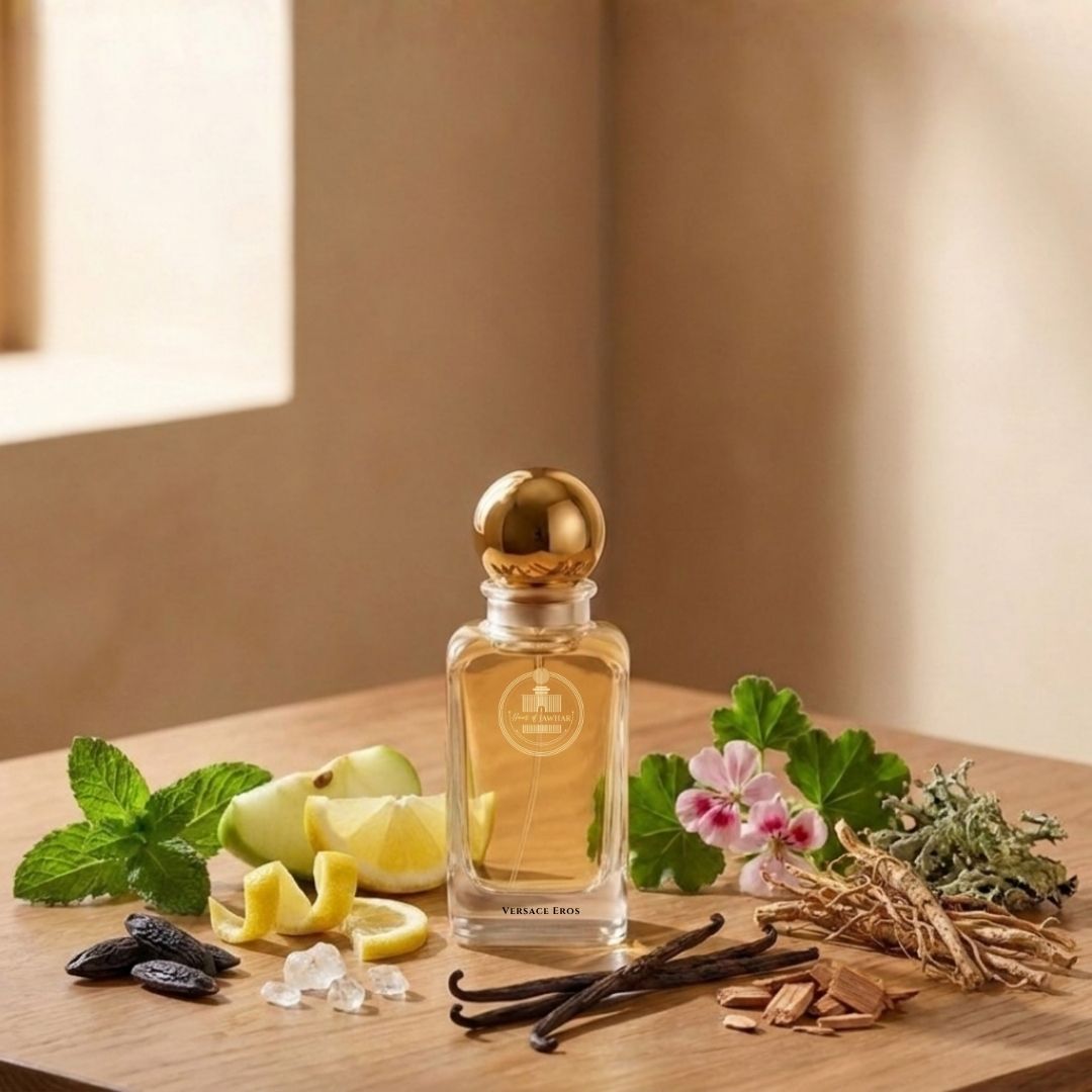 Haus Of Jawhar Versace Eros perfume bottle with mint, green apple, tonka bean and vanilla fragrance notes.