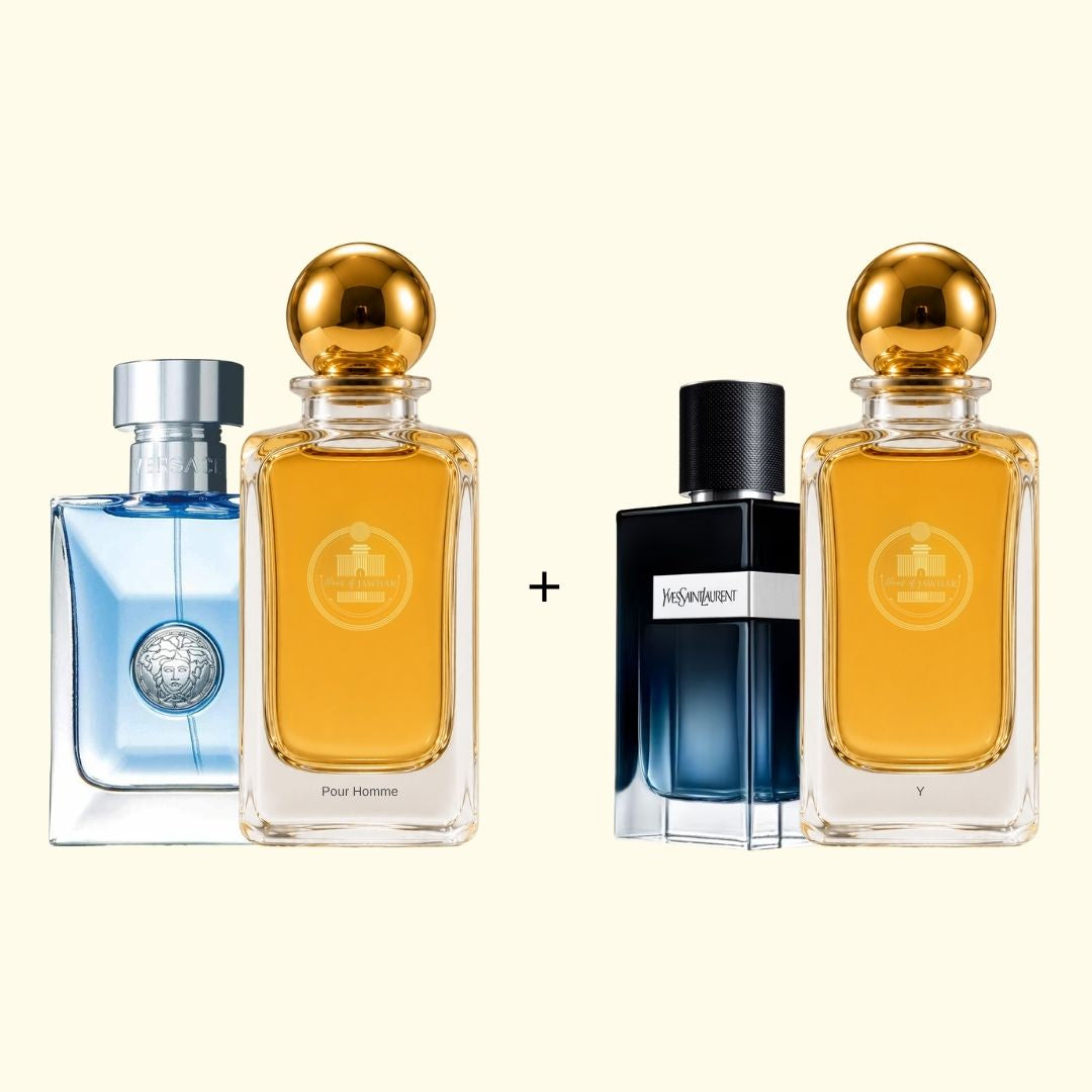 Haus Of Jawhar Versace Pour Homme and Y perfume bottles with fragrance references.