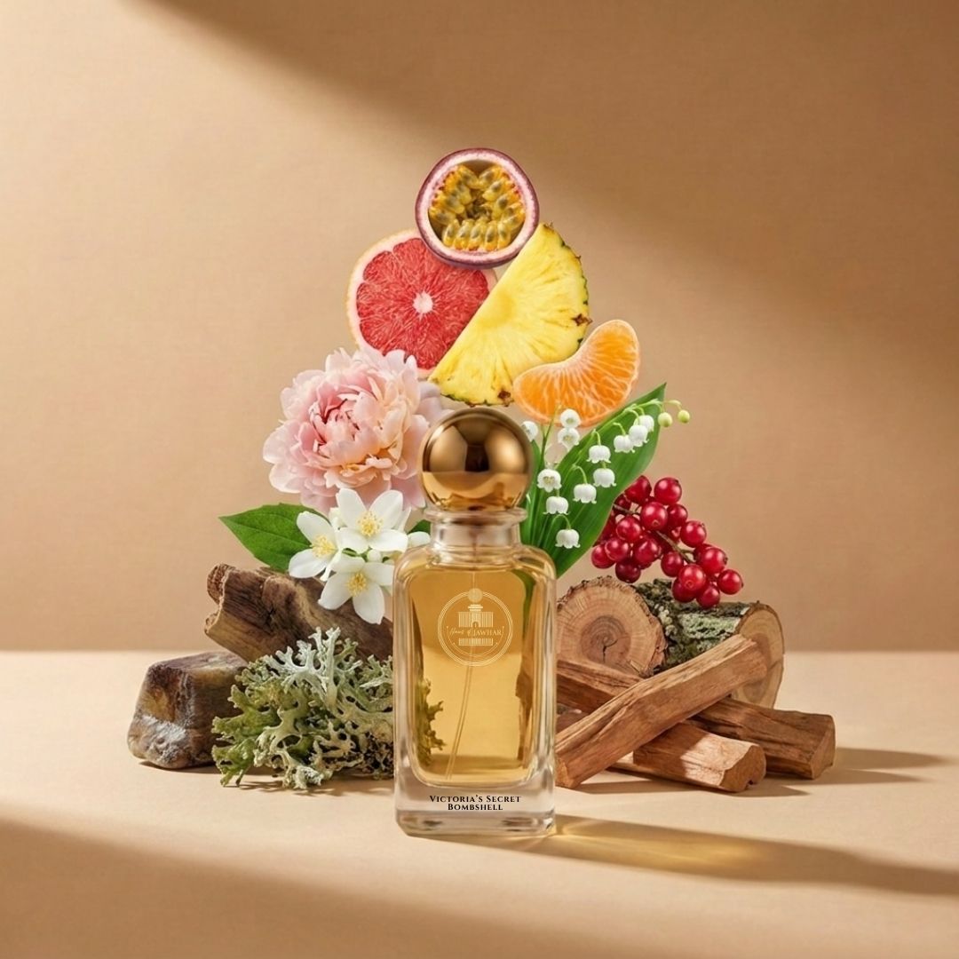 Haus Of Jawhar Victoria's Secret Bombshell perfume bottle with passionfruit, peony, vanilla and musk fragrance notes.