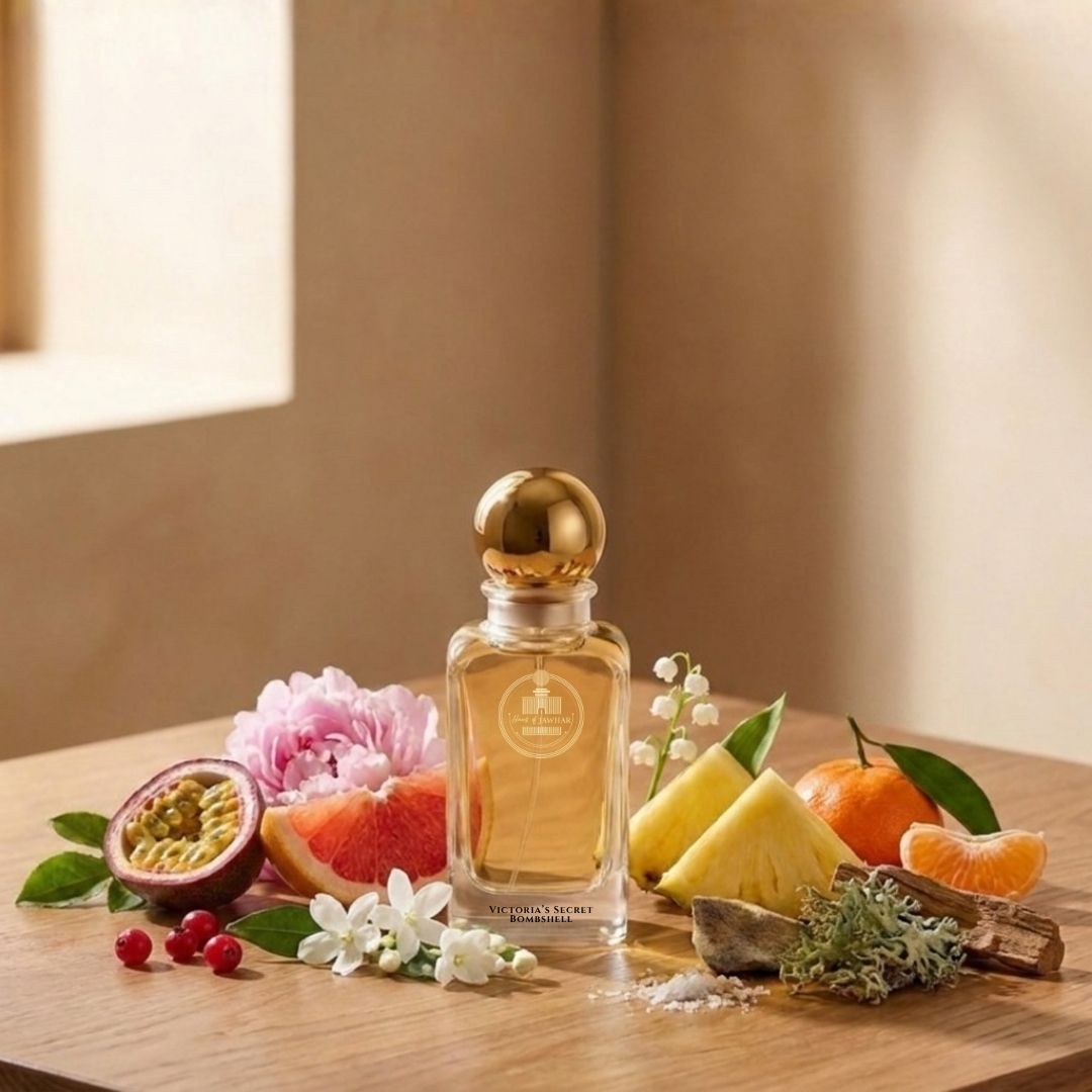 Haus Of Jawhar Victoria's Secret Bombshell perfume bottle with passionfruit, peony, vanilla and musk fragrance notes.
