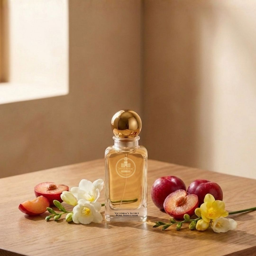 Haus Of Jawhar Victoria's Secret Pure Seduction perfume bottle with plum, freesia, chamomile and aloe vera fragrance notes.