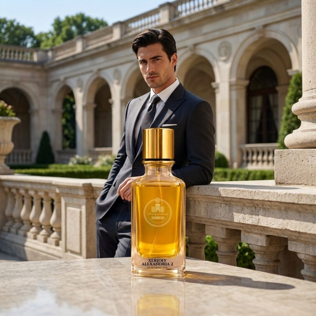 Haus Of Jawhar Xerjoff Alexandria II perfume bottle in a luxury lifestyle setting.