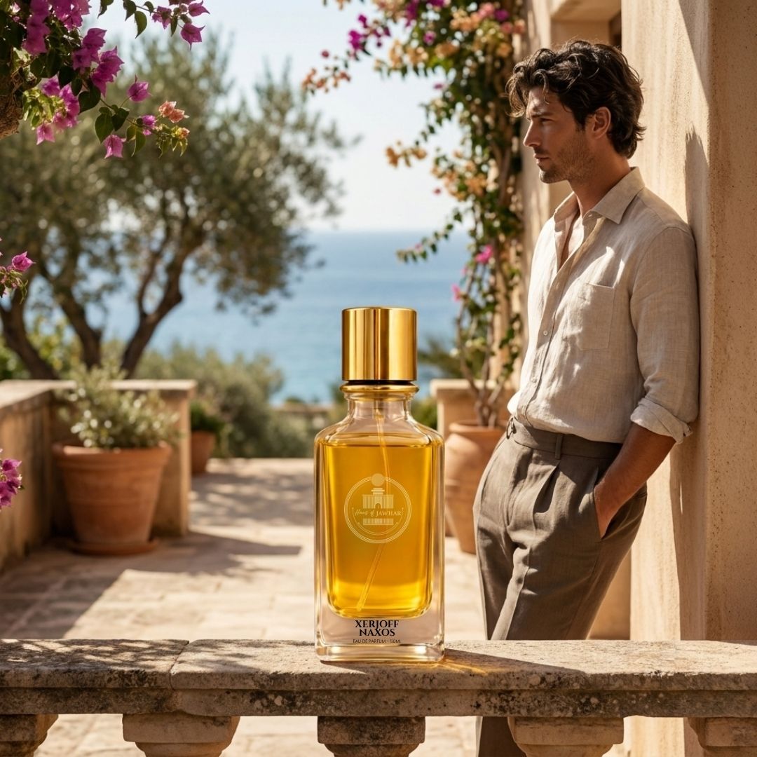 Haus Of Jawhar Xerjoff Naxos perfume bottle in a luxury lifestyle setting.
