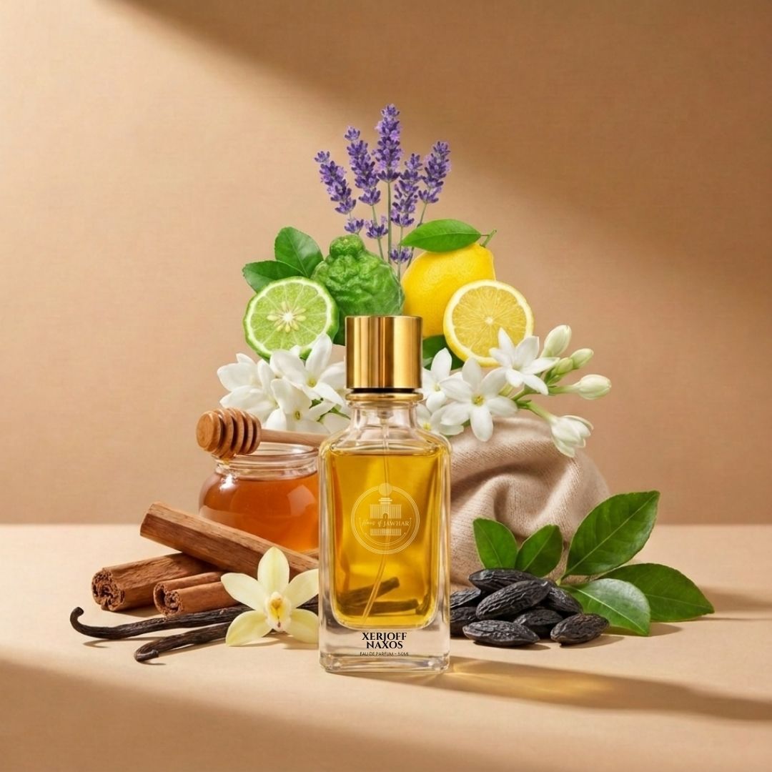 Haus Of Jawhar Xerjoff Naxos perfume bottle with honey, tobacco, lavender and vanilla fragrance notes.