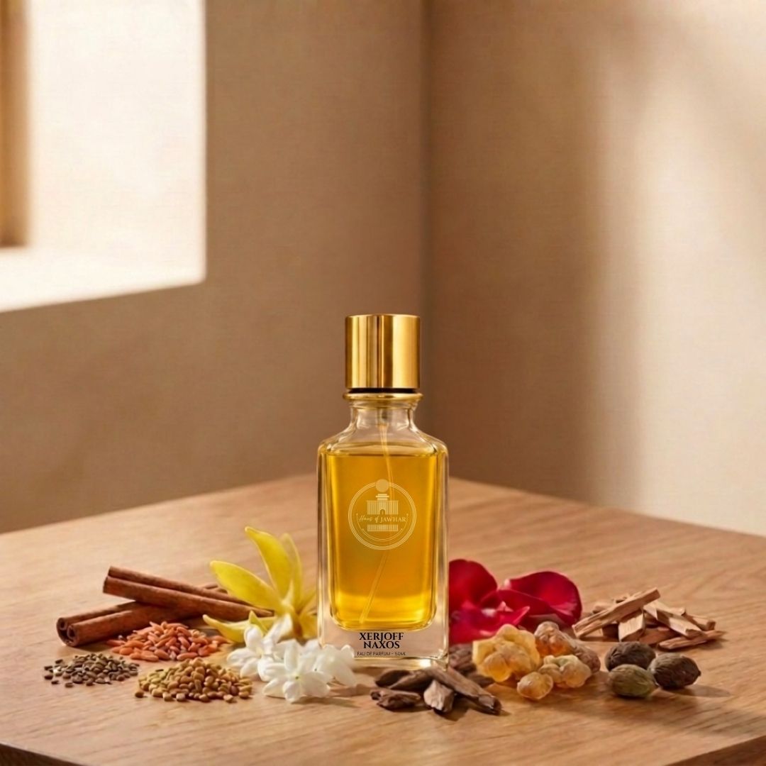 Haus Of Jawhar Xerjoff Naxos perfume bottle with honey, tobacco, lavender and vanilla fragrance notes.