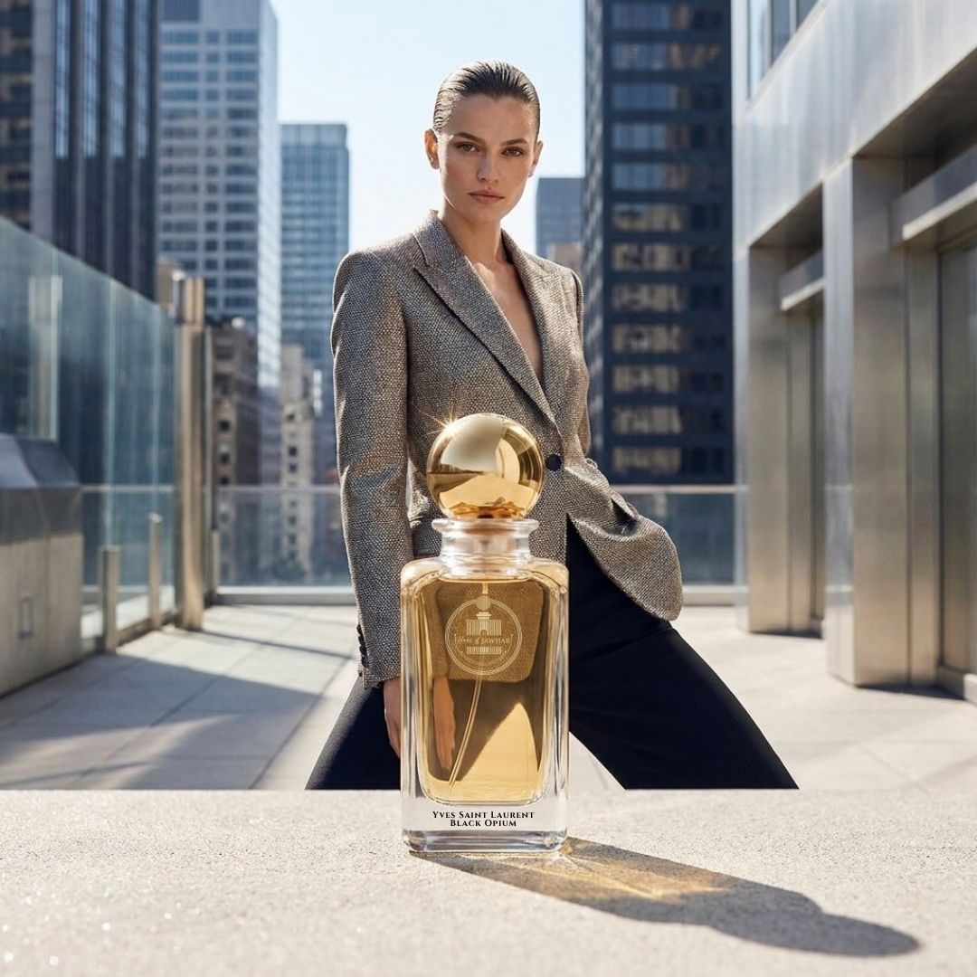 Haus Of Jawhar YSL Black Opium perfume bottle in a luxury lifestyle setting.