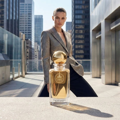 Haus Of Jawhar YSL Black Opium perfume bottle in a luxury lifestyle setting.