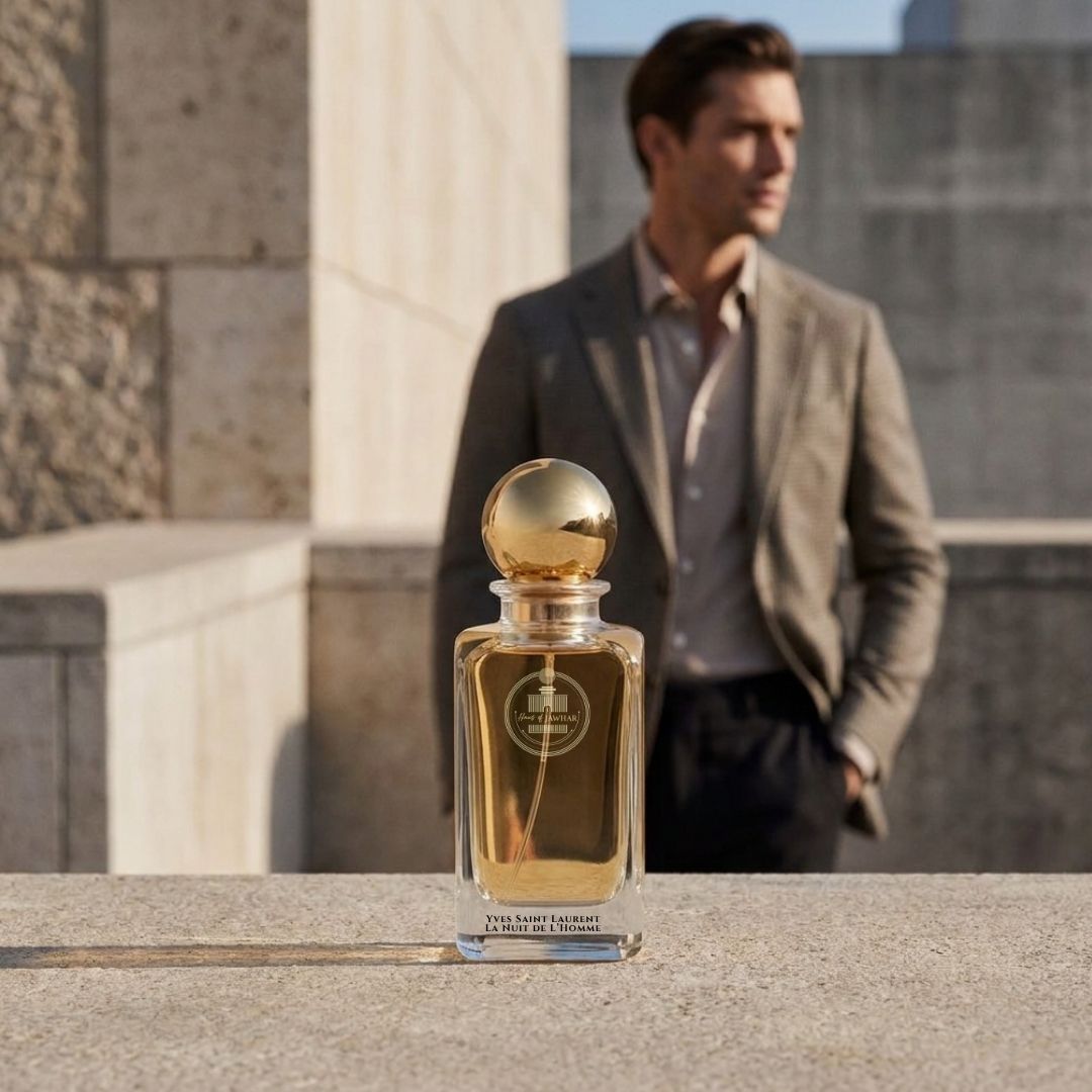 Haus Of Jawhar YSL La Nuit de L'Homme perfume bottle in a luxury lifestyle setting.