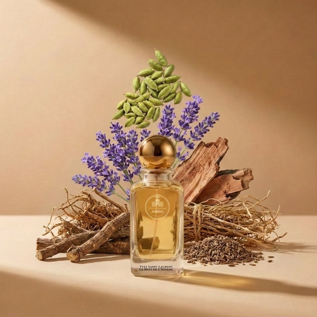 Haus Of Jawhar YSL La Nuit de L'Homme perfume bottle with cardamom, lavender, cedarwood and vetiver fragrance notes.