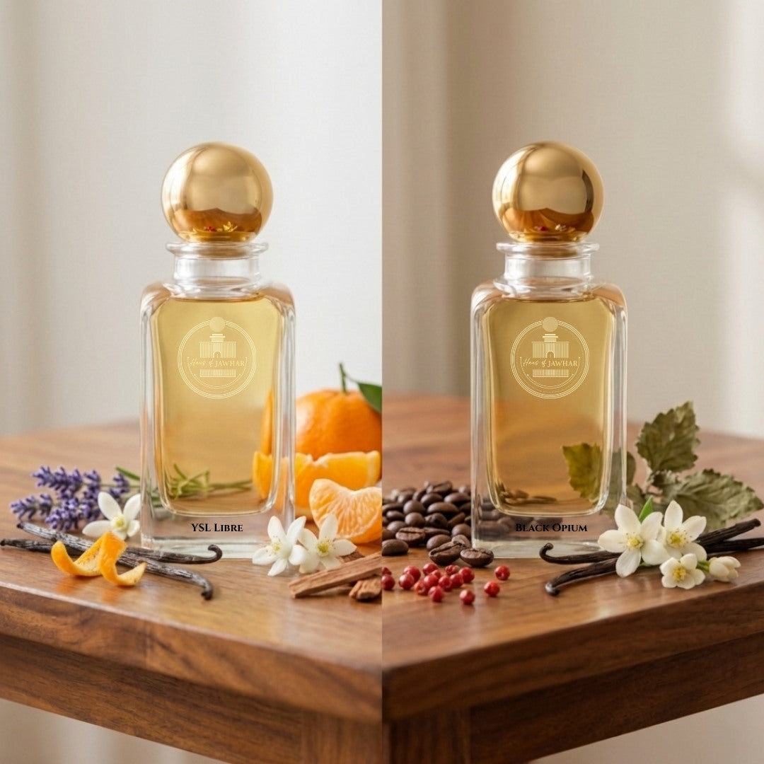 YSL Libre and Black Opium by Haus Of Jawhar with lavender, orange, coffee, pink pepper, vanilla, and while flowers.