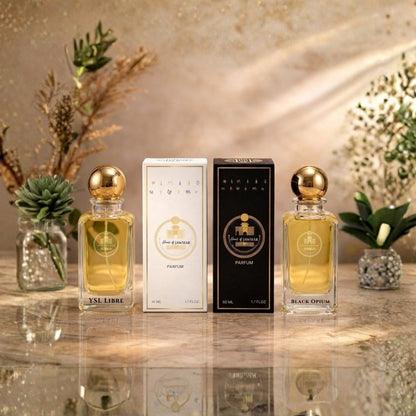 YSL Libre and Black Opium by Haus Of Jawhar with perfume bottles and packaging.